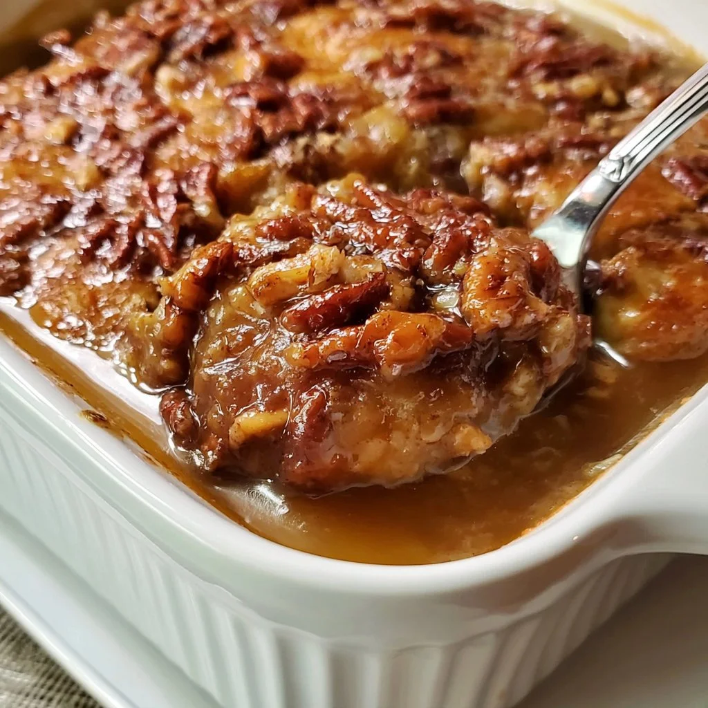 Cobbler di Praline di Pecan servito con una pallina di gelato