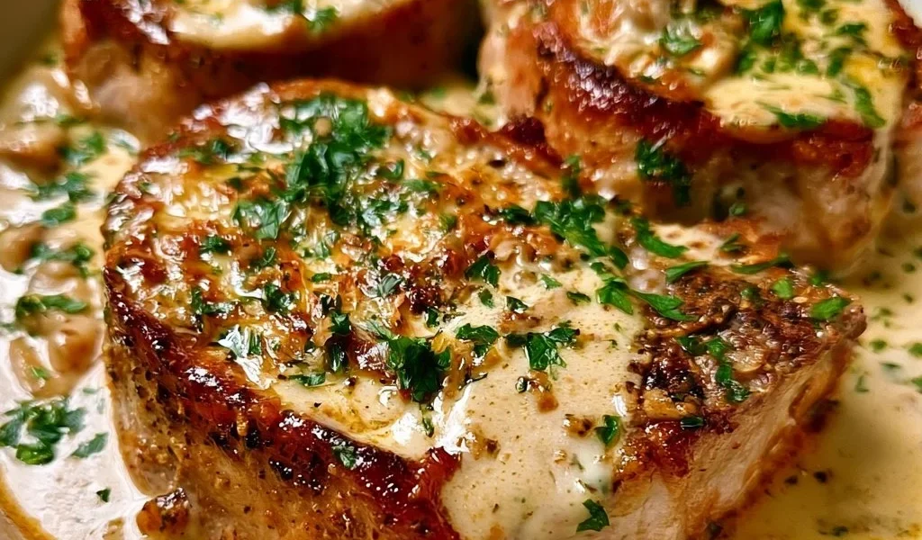 Costoletta di maiale cremosa all'aglio e parmigiano su un piatto