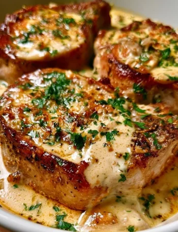 Costoletta di maiale cremosa all'aglio e parmigiano su un piatto