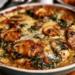 Pollo cowboy cotto con spinaci e funghi in un piatto