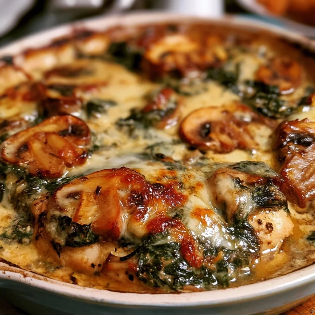 Pollo cowboy cotto con spinaci e funghi in un piatto