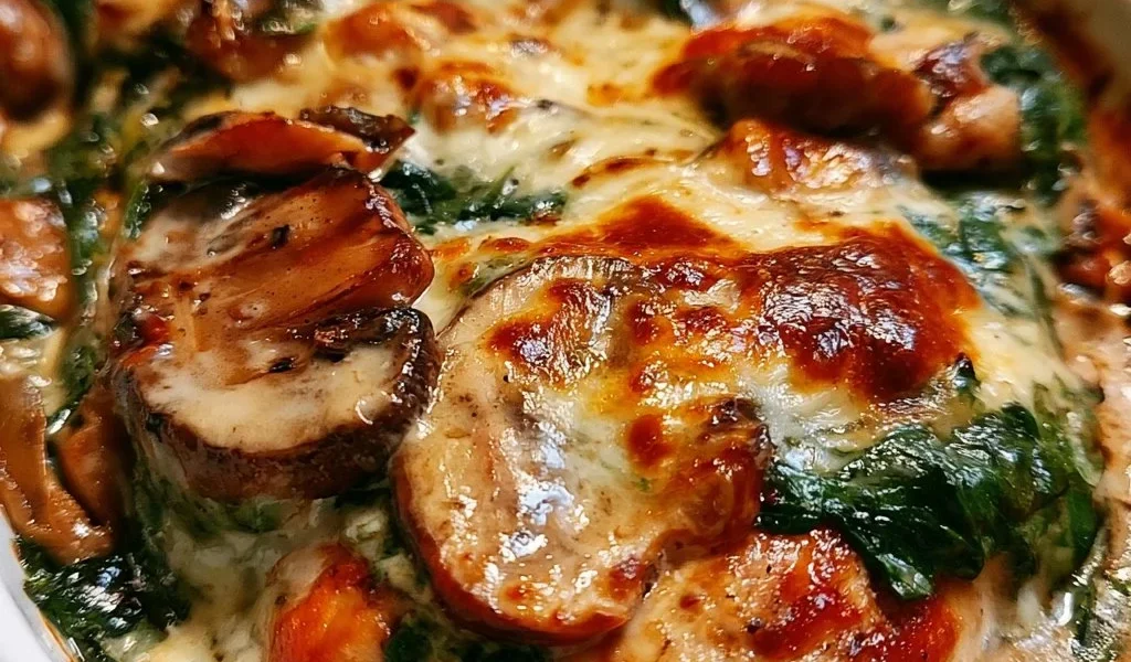Pollo cowboy con spinaci e funghi pronti da servire.