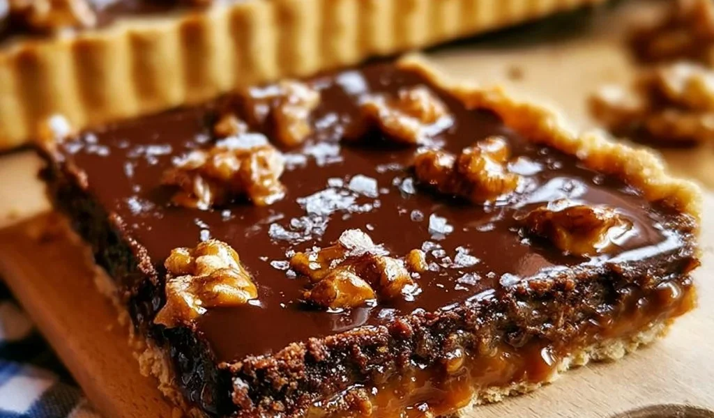 Crostata cioccolato con noci al caramello salato, dessert ricco e goloso