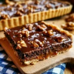 Crostata cioccolato con noci al caramello salato, dessert ricco e goloso