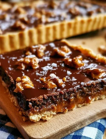 Crostata cioccolato con noci al caramello salato, dessert ricco e goloso