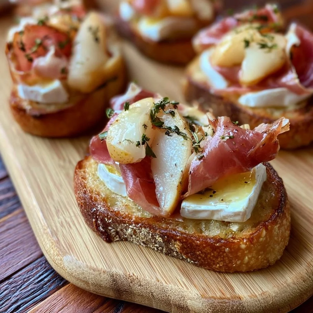 Crostini con Brie, Pere e Prosciutto Crudo serviti su un piatto elegante