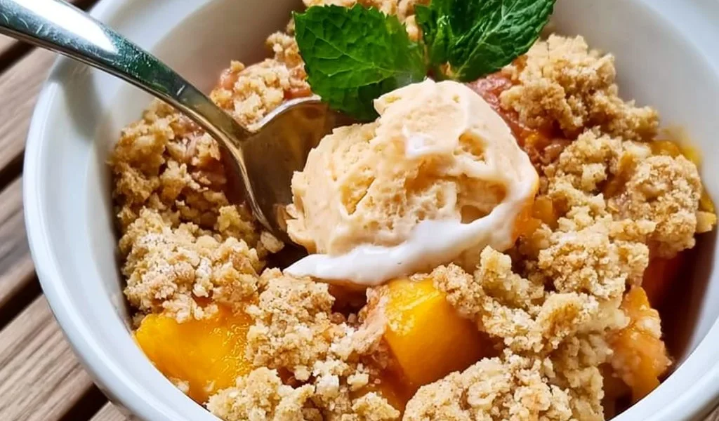 Crumble di pesche fresco e delizioso pronto per essere servito.