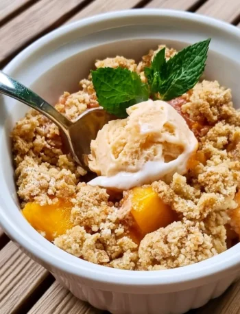 Crumble di pesche fresco e delizioso pronto per essere servito.