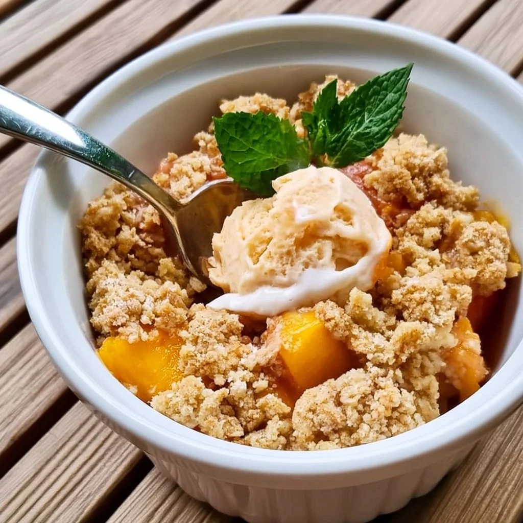 Crumble di pesche fresco e delizioso pronto per essere servito.