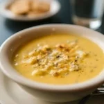 Zuppa autunnale calda e deliziosa servita in una ciotola decorativa.
