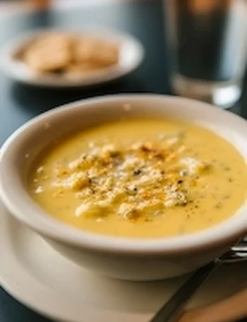 Zuppa autunnale calda e deliziosa servita in una ciotola decorativa.