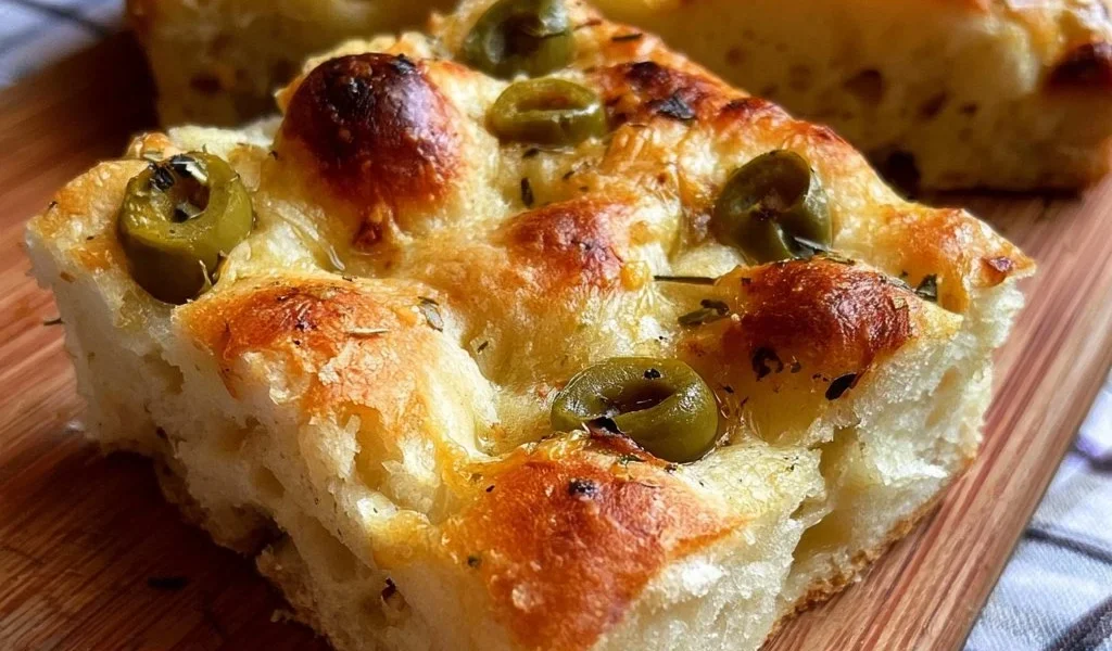 Focaccia alle Olive Morbidissima appena sfornata, dorata e all'esterno, morbida all'interno.