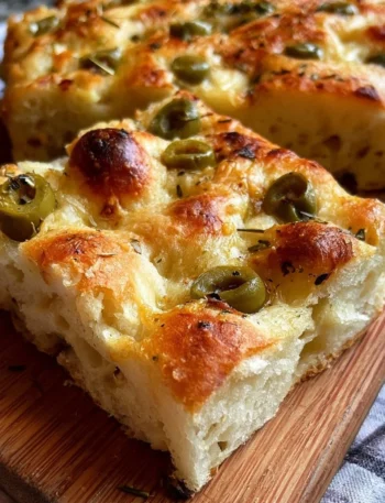 Focaccia alle Olive Morbidissima appena sfornata, dorata e all'esterno, morbida all'interno.
