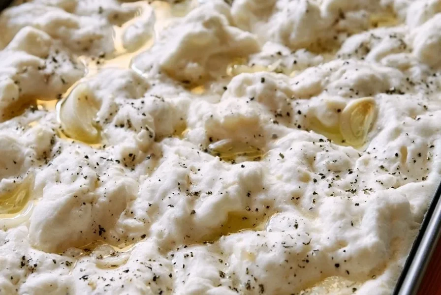 Focaccia con pomodori, aglio e timo su un tavolo in legno