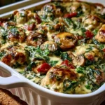 Focaccia di pollo cowboy con spinaci e funghi, piatto delizioso e ricco di sapori.