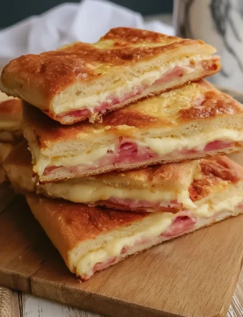 Focaccia ripiena con prosciutto cotto pronta per essere servita