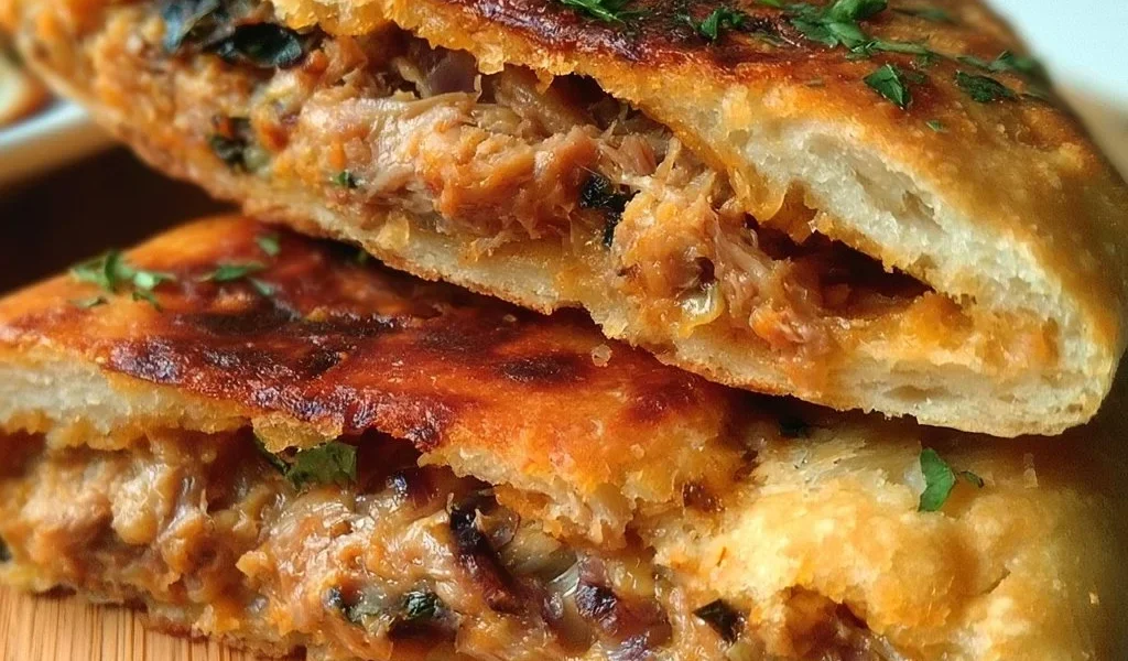 Focaccia ripiena con tonno e cipolla fresca e appetitosa