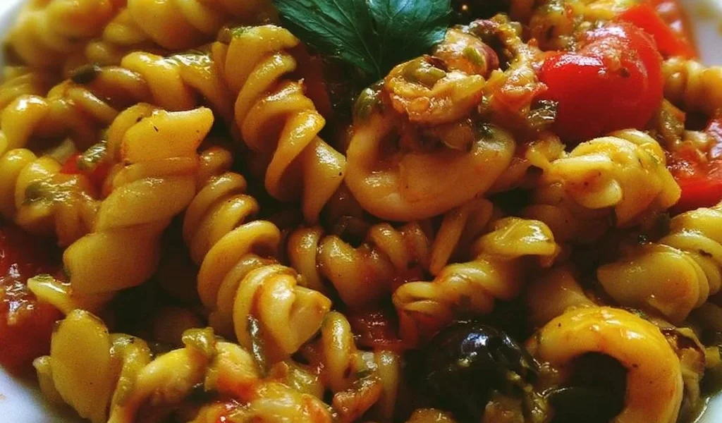 Fusilloni con pomodorini freschi, calamari, capperi e olive in un piatto colorato.