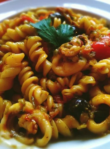 Fusilloni con pomodorini freschi, calamari, capperi e olive in un piatto colorato.