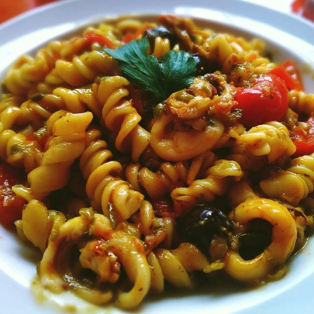 Fusilloni con pomodorini freschi, calamari, capperi e olive in un piatto colorato.