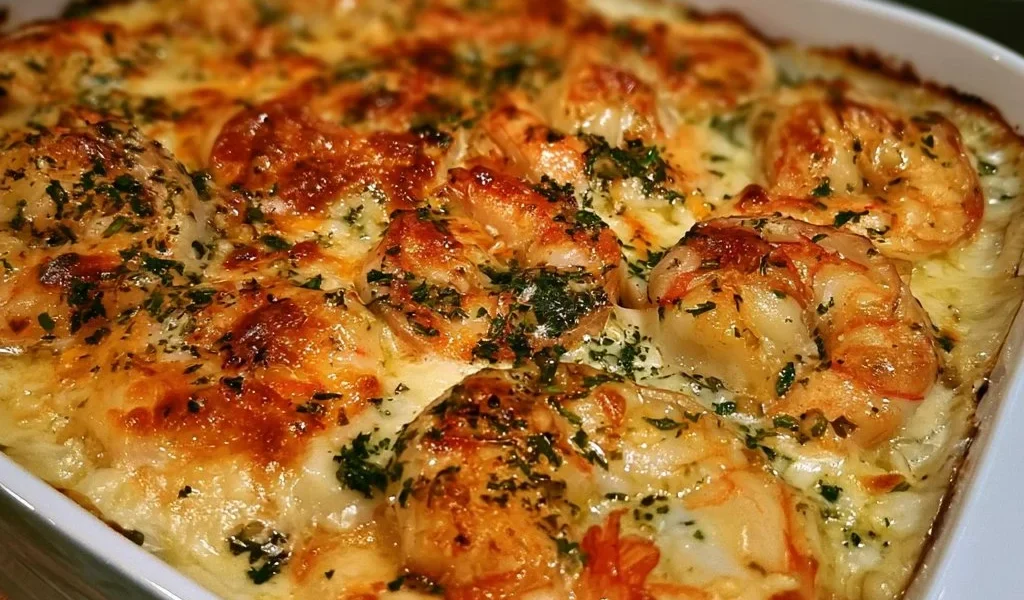 Gamberi Gratinati al Burro e Aglio con Formaggio su un piatto