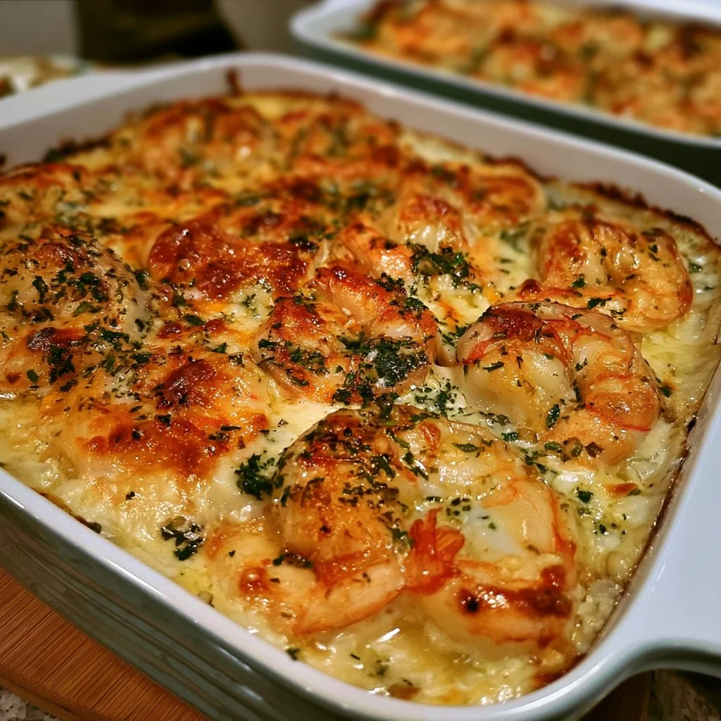 Gamberi Gratinati al Burro e Aglio con Formaggio su un piatto