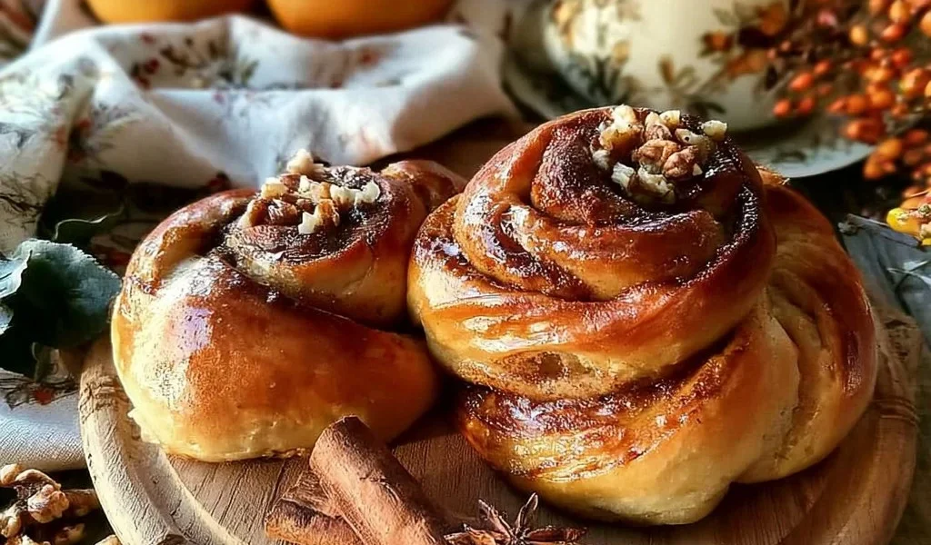 Girelle arancia cannella e noci su un piatto, dolce autunnale da gustare