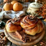 Girelle arancia cannella e noci su un piatto, dolce autunnale da gustare