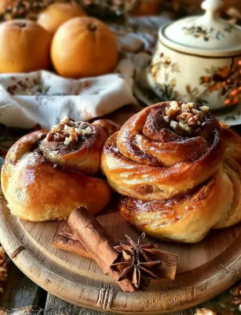 Girelle arancia cannella e noci su un piatto, dolce autunnale da gustare
