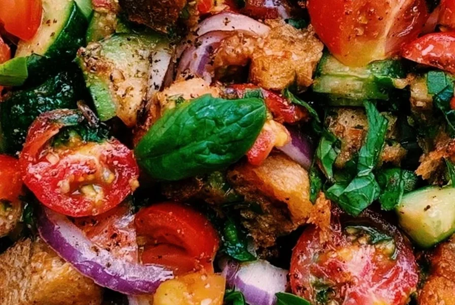 Insalata Panzanella con pomodori, cetrioli, e pane raffermo fresco