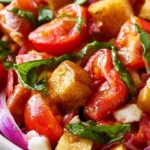 Insalata Panzanella con pane, pomodori e basilico fresco.