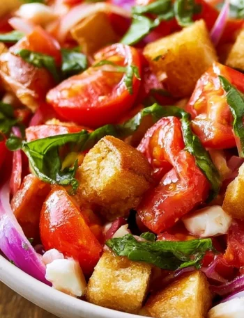 Insalata Panzanella con pane, pomodori e basilico fresco.