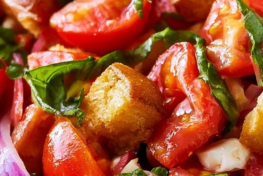 Insalata Panzanella con pane, pomodori e basilico fresco.