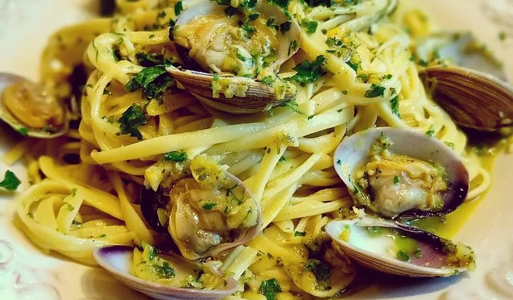 Piatto di Linguine alle Vongole fresco e appetitoso con vongole e prezzemolo