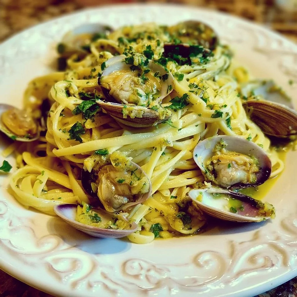Piatto di Linguine alle Vongole fresco e appetitoso con vongole e prezzemolo