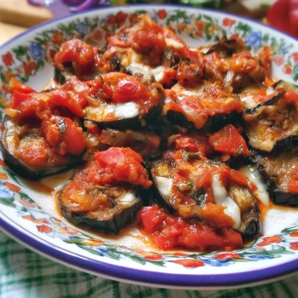 Melanzane alla pizzaiola, un piatto italiano saporito con pomodoro e spezie.