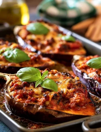 Melanzane ripiene di carne ben presentate su un piatto