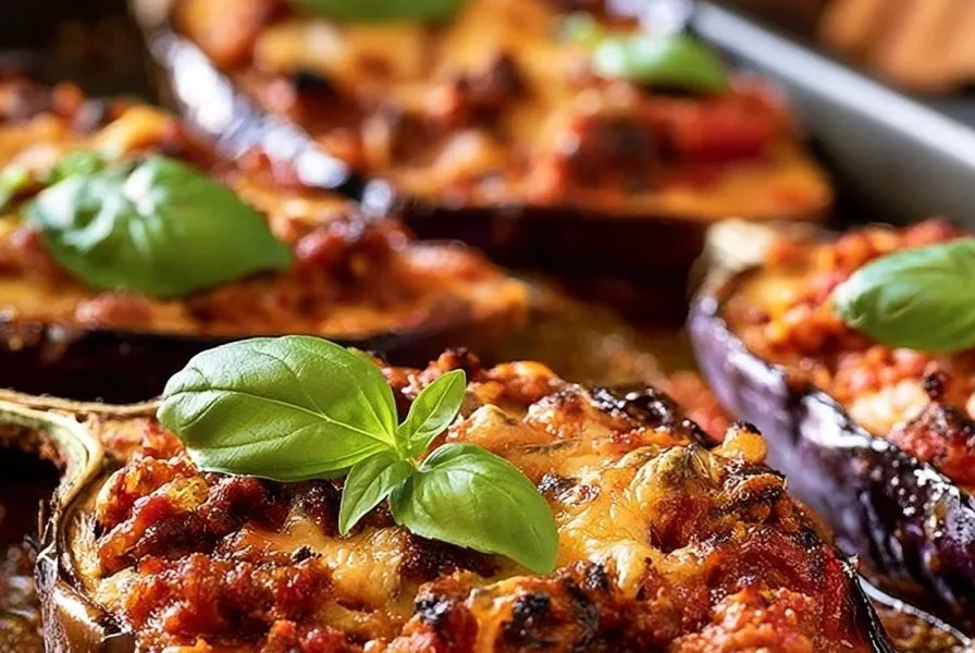 Melanzane ripiene di carne ben presentate su un piatto
