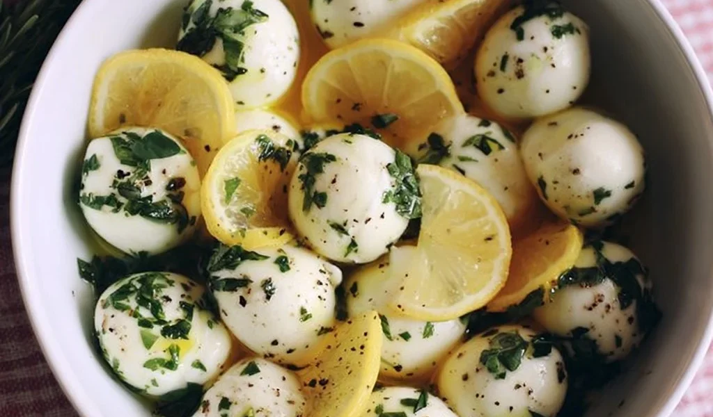 Mozzarelle marinate con limone ed erbe aromatiche in un piatto elegante