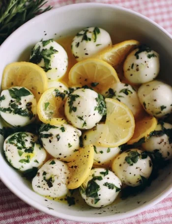 Mozzarelle marinate con limone ed erbe aromatiche in un piatto elegante