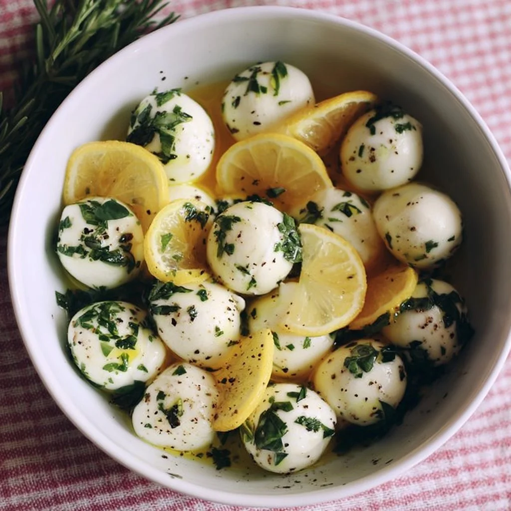 Mozzarelle marinate con limone ed erbe aromatiche in un piatto elegante