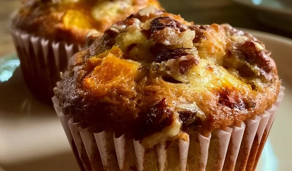Muffin di pesca e pecan freschi appena sfornati