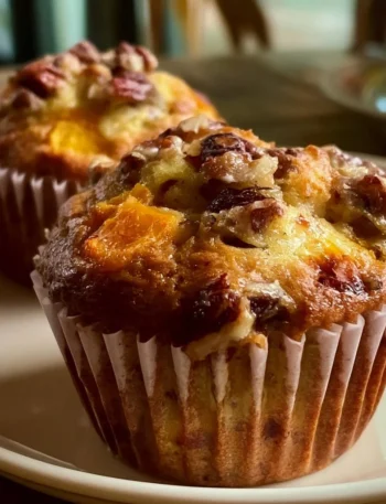 Muffin di pesca e pecan freschi appena sfornati