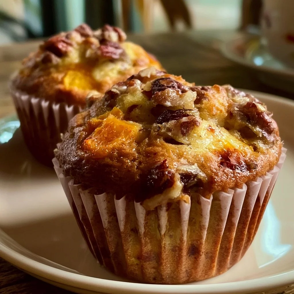 Muffin di pesca e pecan freschi appena sfornati