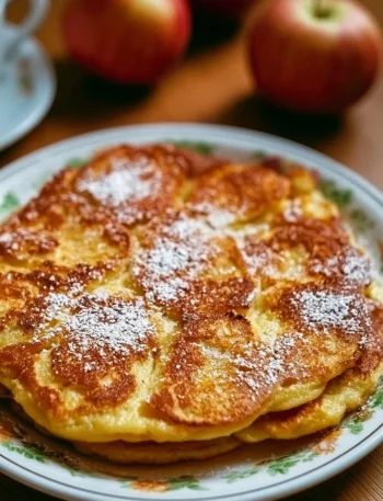 Pancake alla mela serviti con sciroppo d'acero e fette di mela fresche