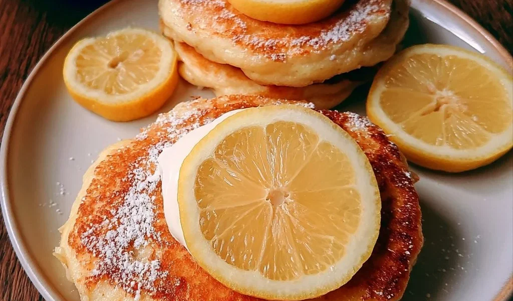 Pancake yogurt al limone in un piatto decorato con fette di limone
