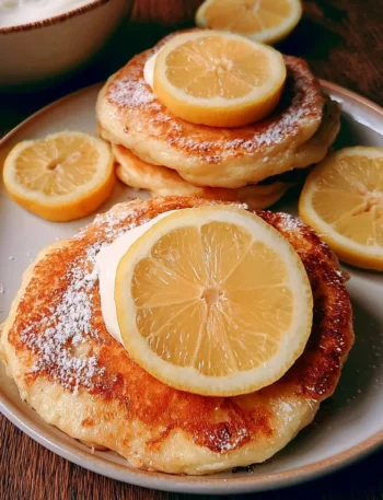 Pancake yogurt al limone in un piatto decorato con fette di limone