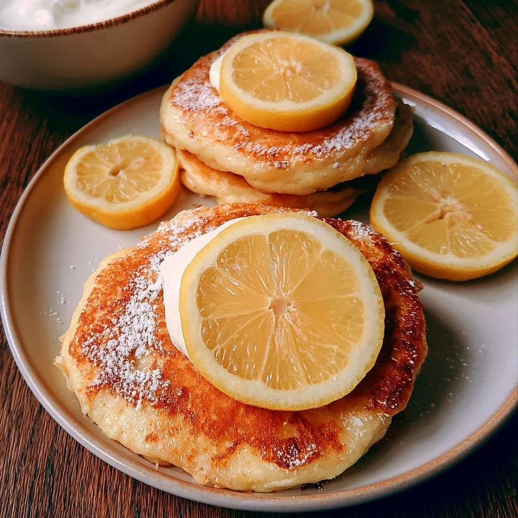 Pancake yogurt al limone in un piatto decorato con fette di limone
