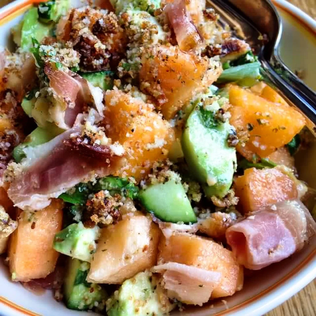 Panzanella con prosciutto e melone, un'insalata estiva colorata e gustosa