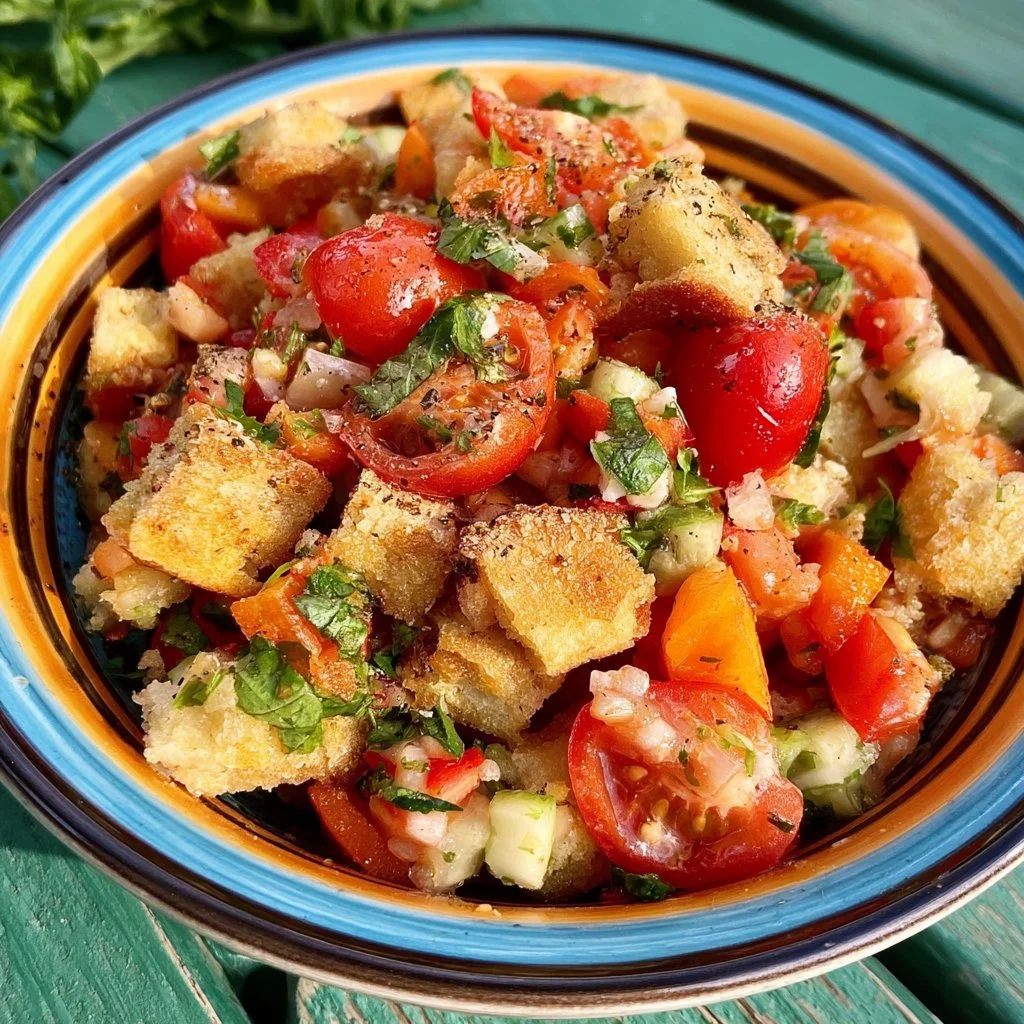 Panzanella Croccante con pomodori, pane e basilico fresco